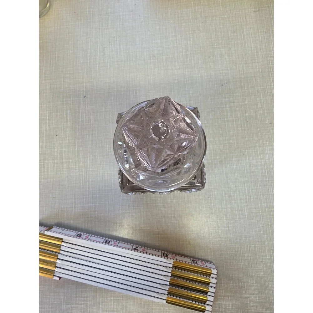 Vintage Clear Pressed Glass Square Decanter Starburst Diamond Pattern Stopper